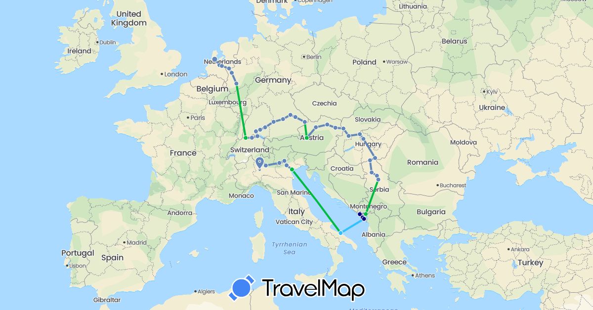 TravelMap itinerary: driving, bus, cycling, boat in Austria, Switzerland, Germany, Hungary, Italy, Montenegro, Netherlands, Serbia, Slovakia (Europe)